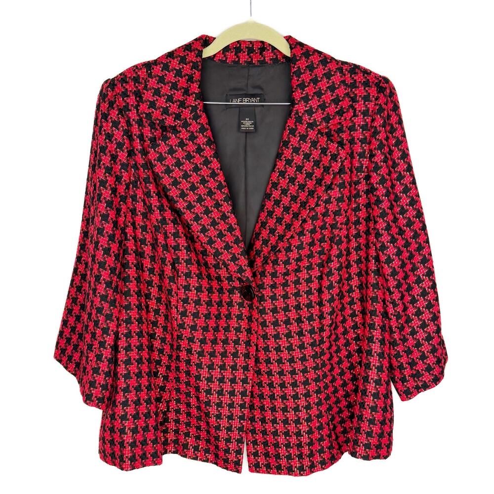 Lane Bryant Black Red Gold Metallic Houndstooth Single Breasted Light Blazer 20